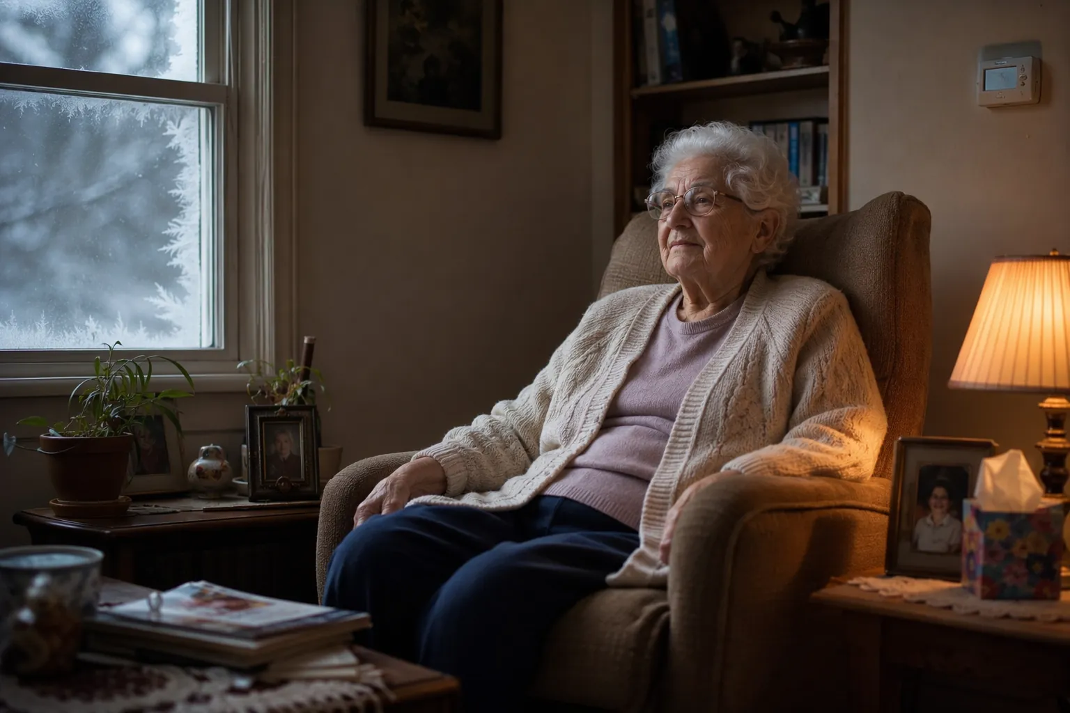 Older man sitting calmly in a cold room with a thermostat reading 62 degrees Fahrenheit