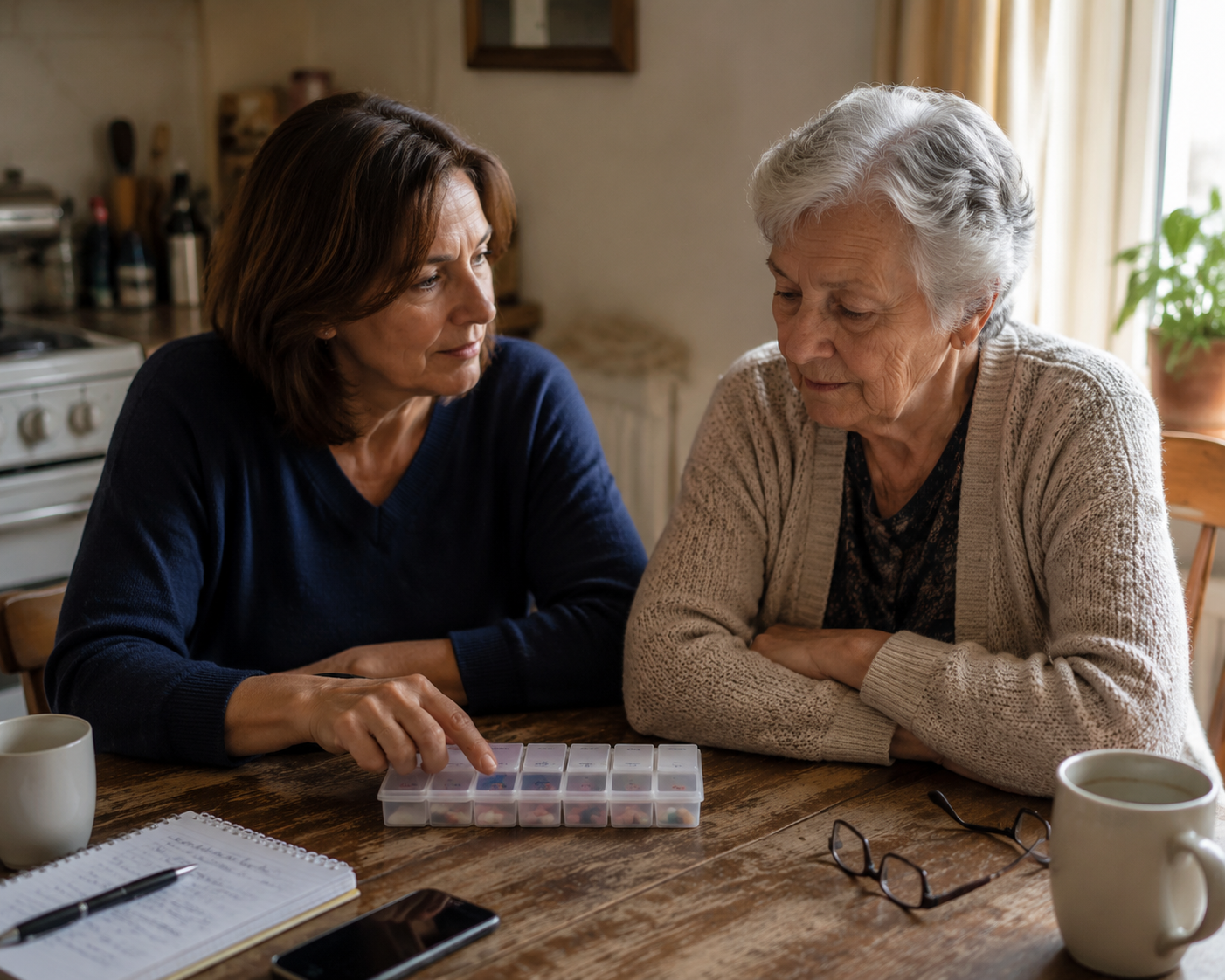 Adult child sitting at a kitchen table with an elderly parent, pill organizer, notebook, phone, glasses, and coffee mugs