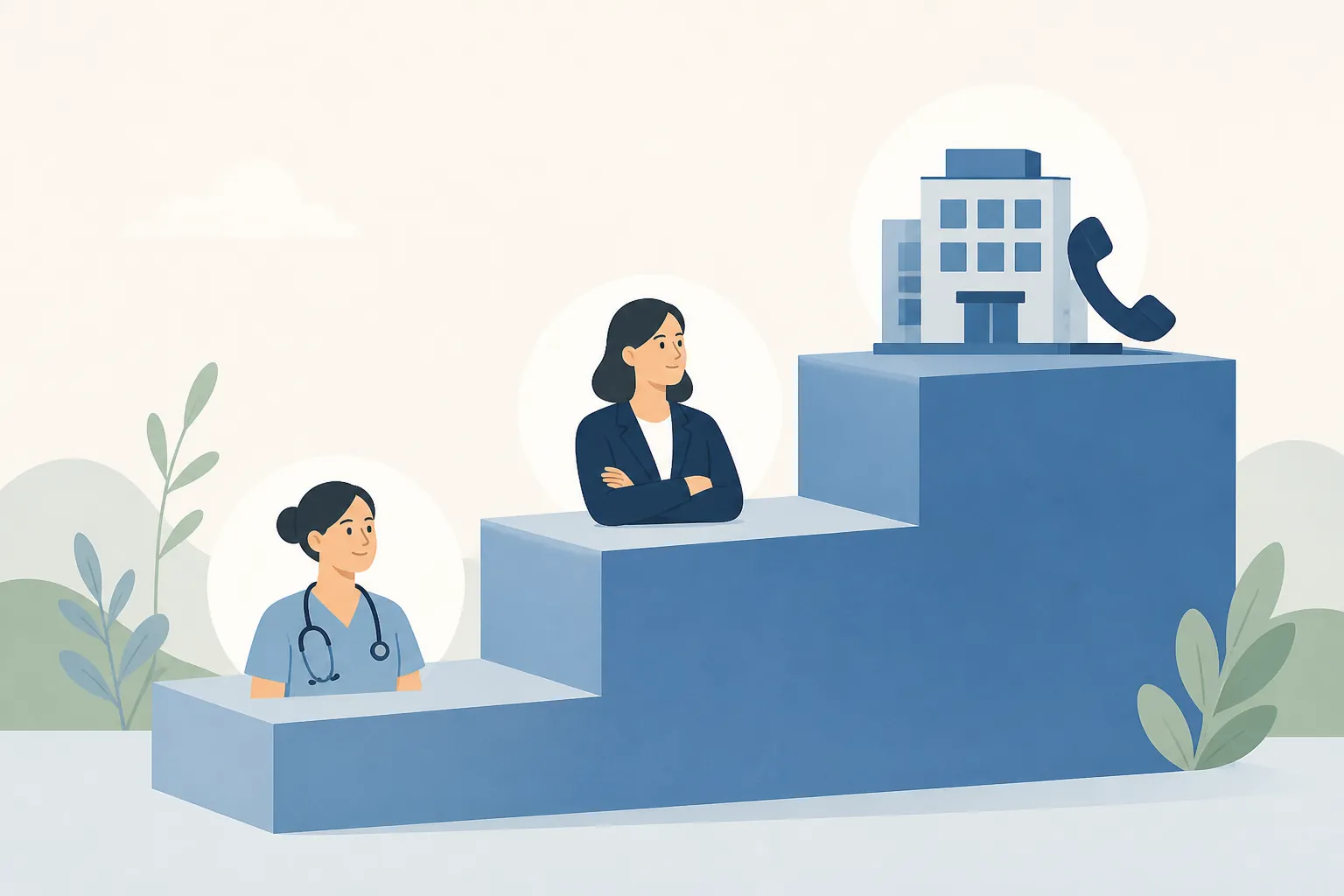 Illustration of a three-step escalation path from nurse to supervisor to hospital office