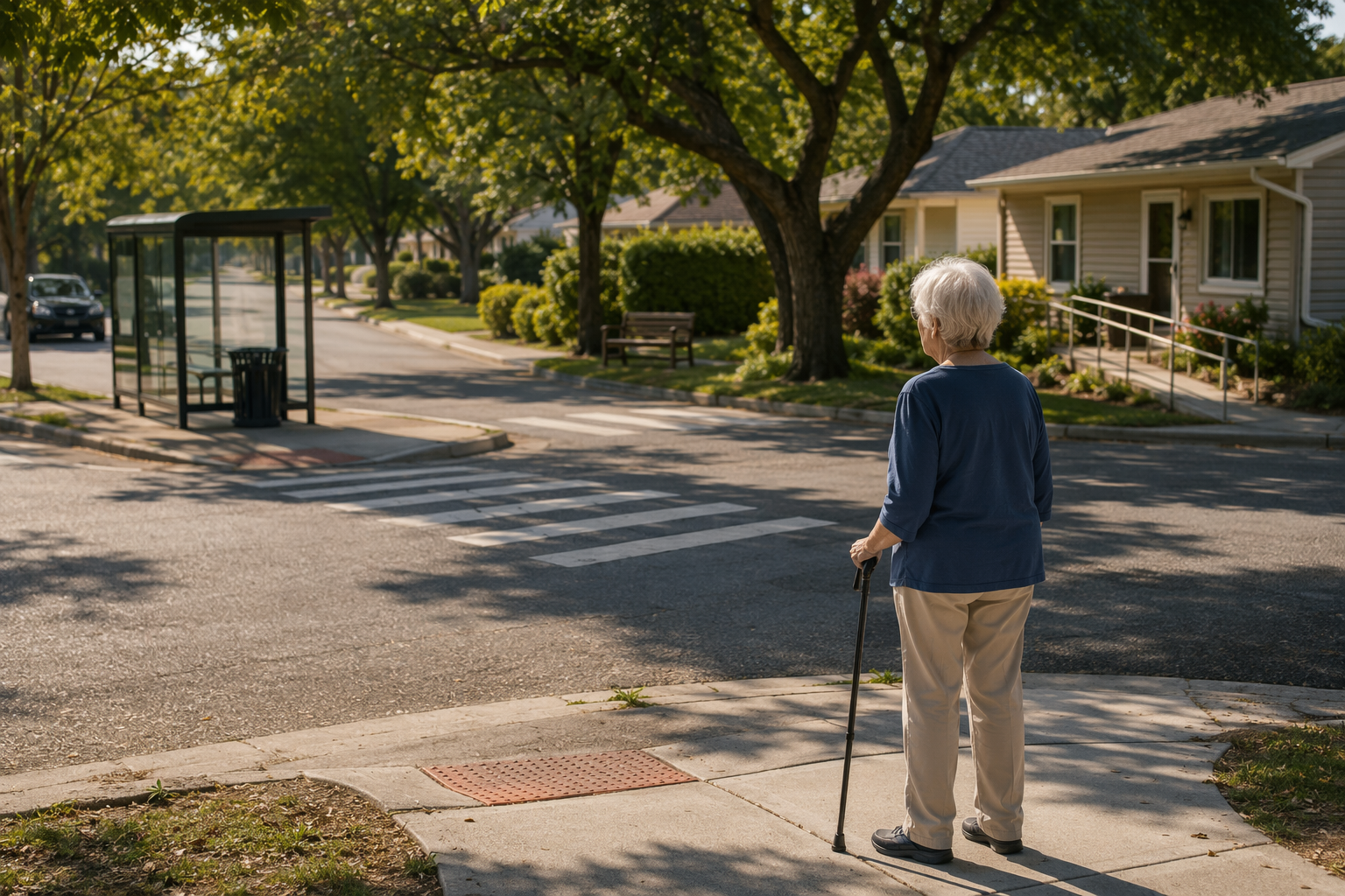 An older adult with a walking cane stands at a residential intersection, looking toward a bus shelter with shade, a public bench, tree-lined sidewalks, and nearby homes.