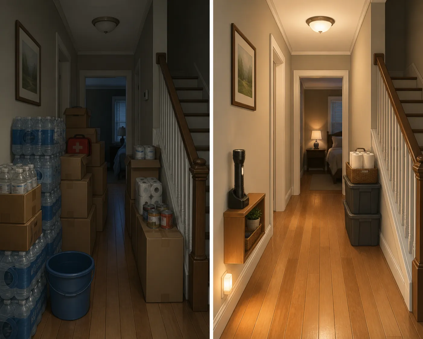 Side-by-side hallway showing storm supplies blocking a path on one side and a clear walkway with reachable lighting on the other