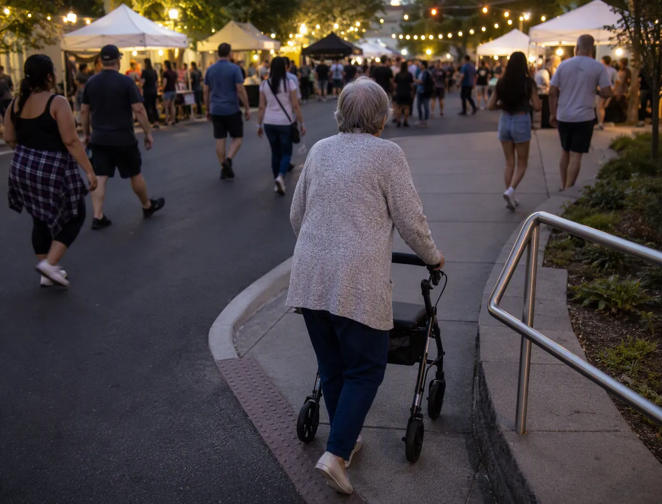 Older adult with a rollator following a stable path near a curb cut and handrail at a festival