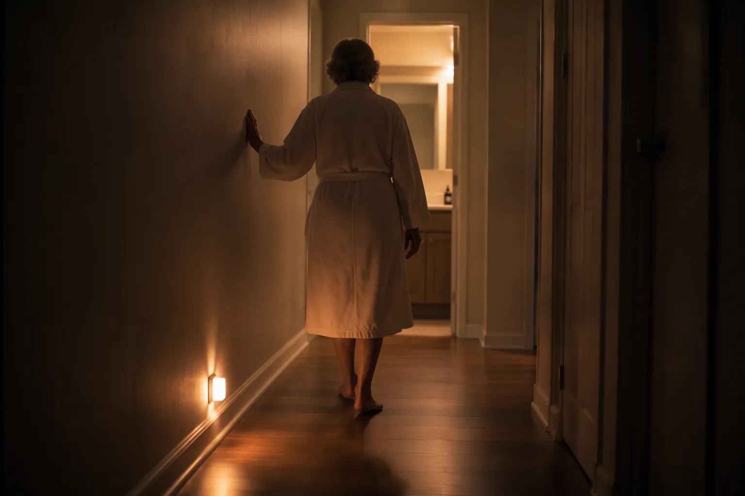Clear night hallway with a low night light and an older adult walking carefully toward a lit bathroom