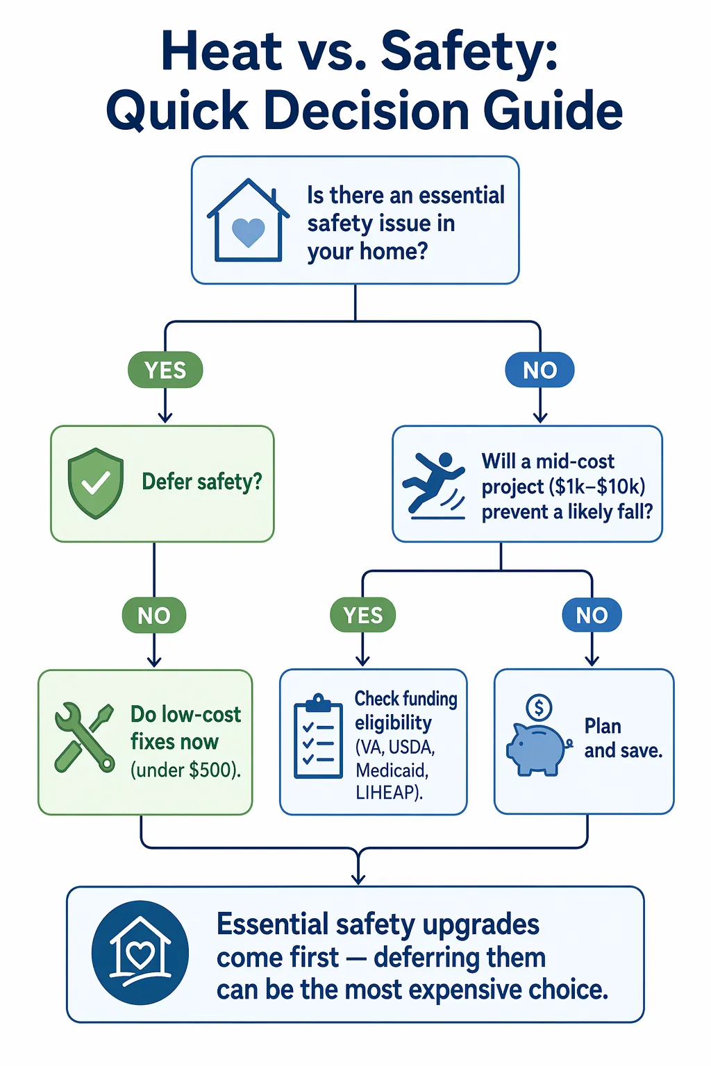 Decision tree for choosing urgent home safety fixes and funding checks