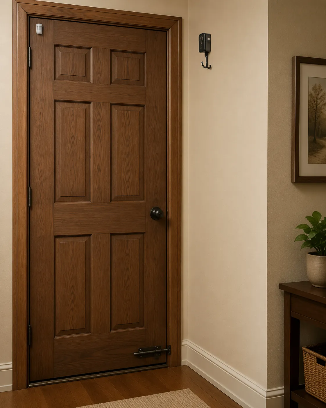 An interior front door with a high lock, a low sliding bolt, and a motion sensor mounted near the door frame.