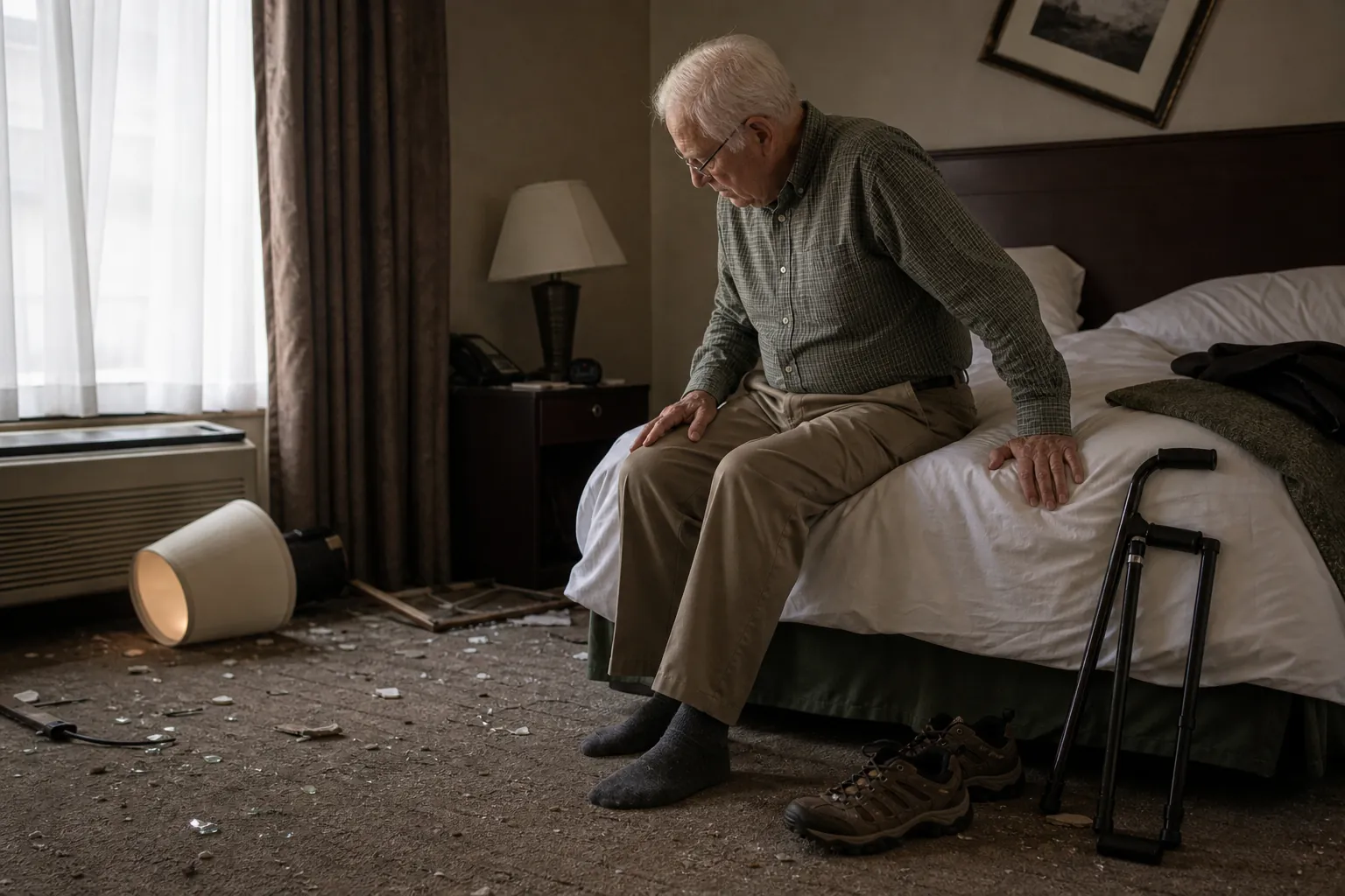 Senior traveler seated on a hotel bed after an earthquake with debris, sturdy shoes, and a walker nearby