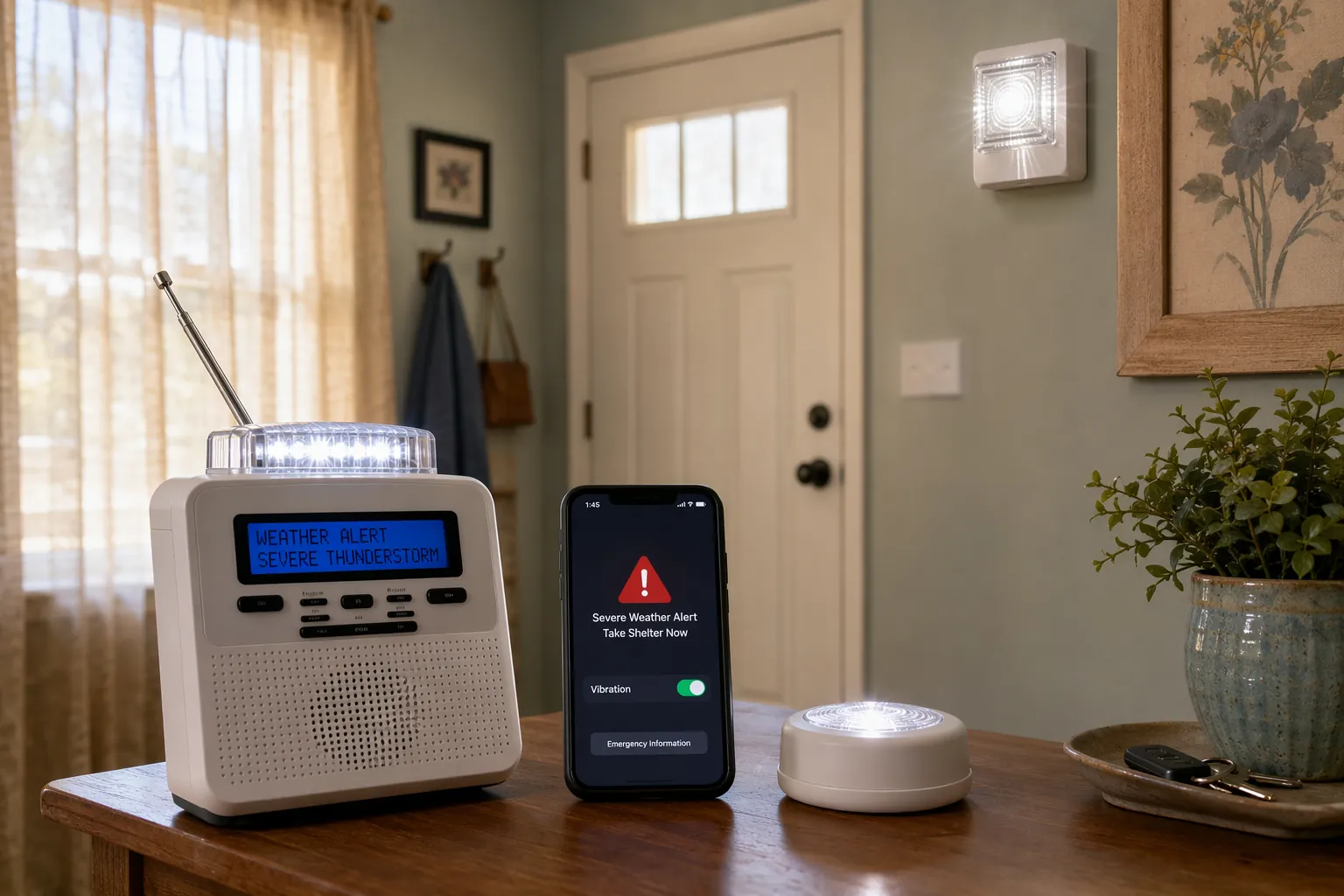 Weather radio with flashing strobe, smartphone weather alert, tactile alert device, and wall-mounted visual strobe in a home entryway