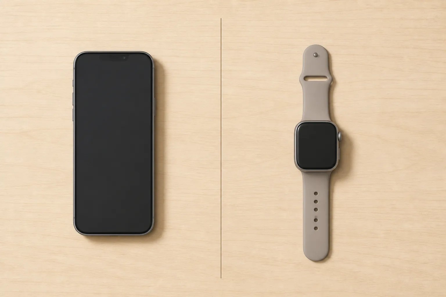 Generic smartphone and smartwatch separated on a wooden table
