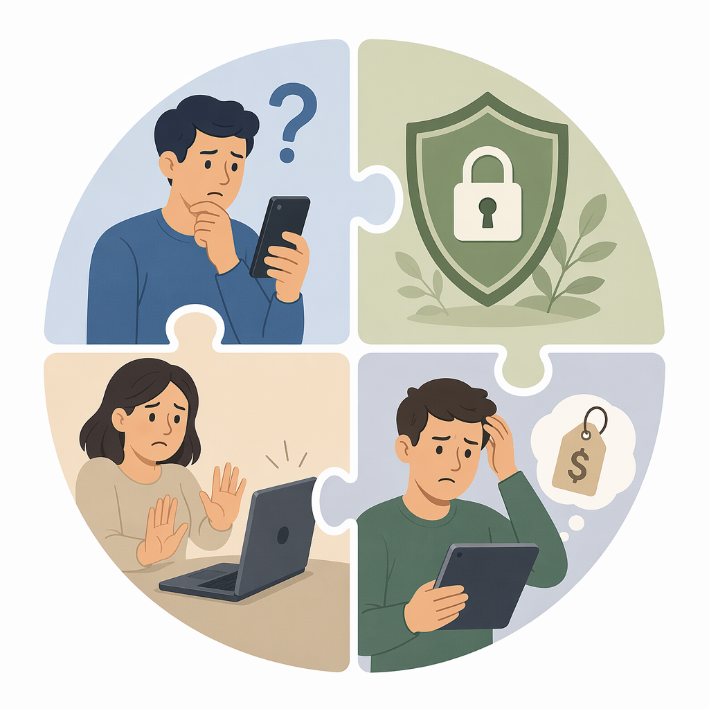 An editorial illustration with four connected segments representing the four technology adoption barriers: ignorance of features, privacy anxiety, fear of breaking something, and lack of perceived value.
