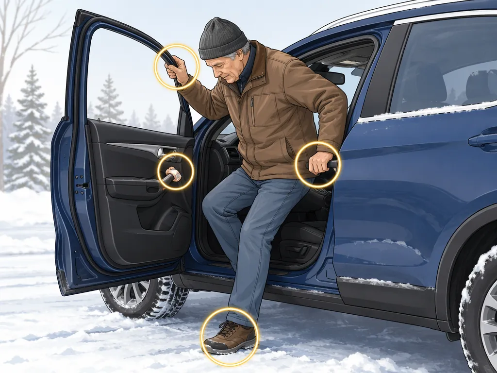 Illustration of three stable contact points while a senior exits a car in winter
