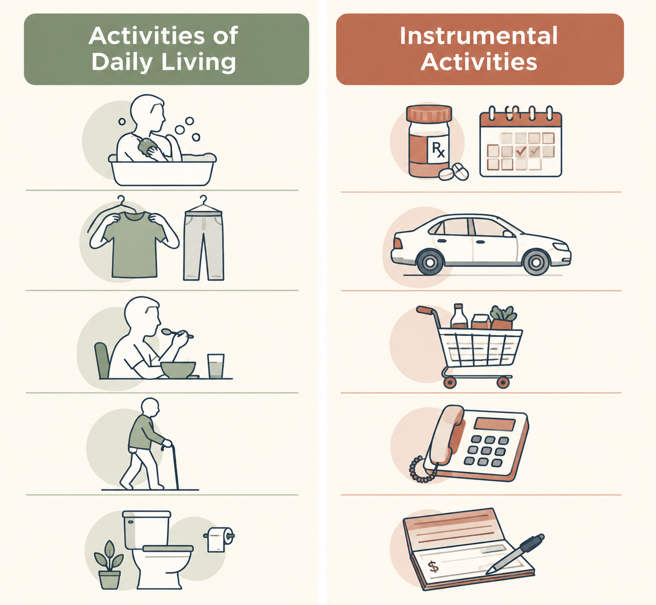 Infographic comparing Activities of Daily Living with Instrumental Activities of Daily Living