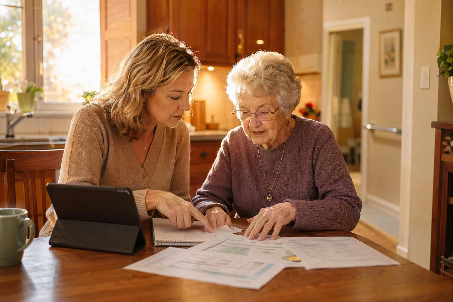 A middle-aged woman and her elderly mother sit together at a sunlit kitchen table, reviewing printed papers and a tablet. The mood is collaborative and warm.