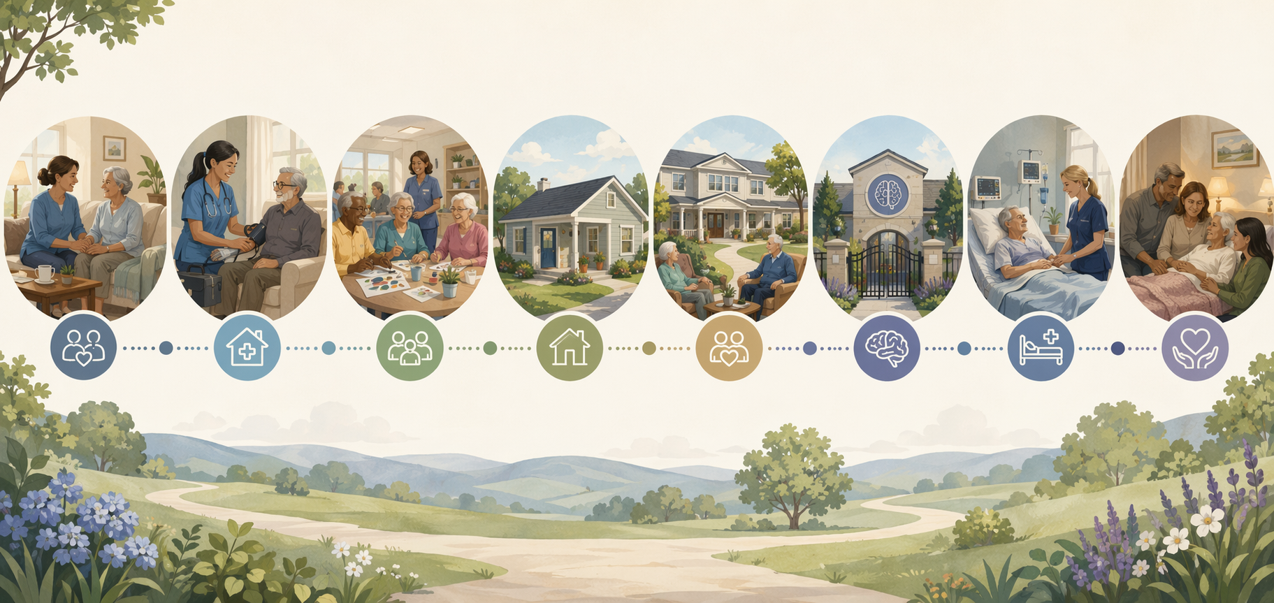 Routing map of senior care options from companion care and home health through assisted living, memory care, skilled nursing, and hospice
