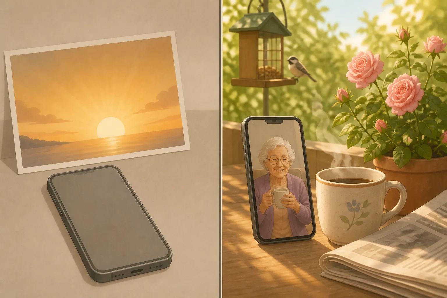 A split-screen illustration contrasting a generic sunrise message with a more personal morning text beside coffee, garden flowers, a bird feeder, and a newspaper