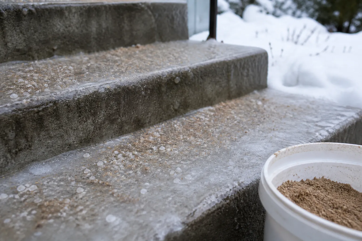 Icy concrete porch steps sprinkled with sand and white de-icer crystals for traction
