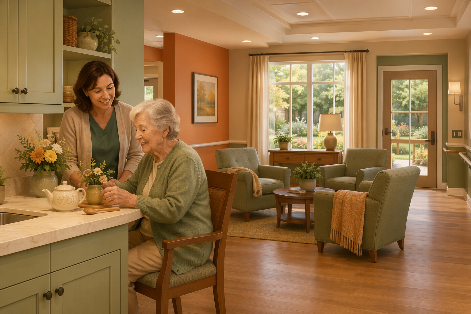 A secure memory care neighborhood common room with sage green and beige tones, where an older woman with gray hair engages with a life skills station kitchenette counter alongside a caregiver, with comfortable armchairs, soft lighting, and garden views.