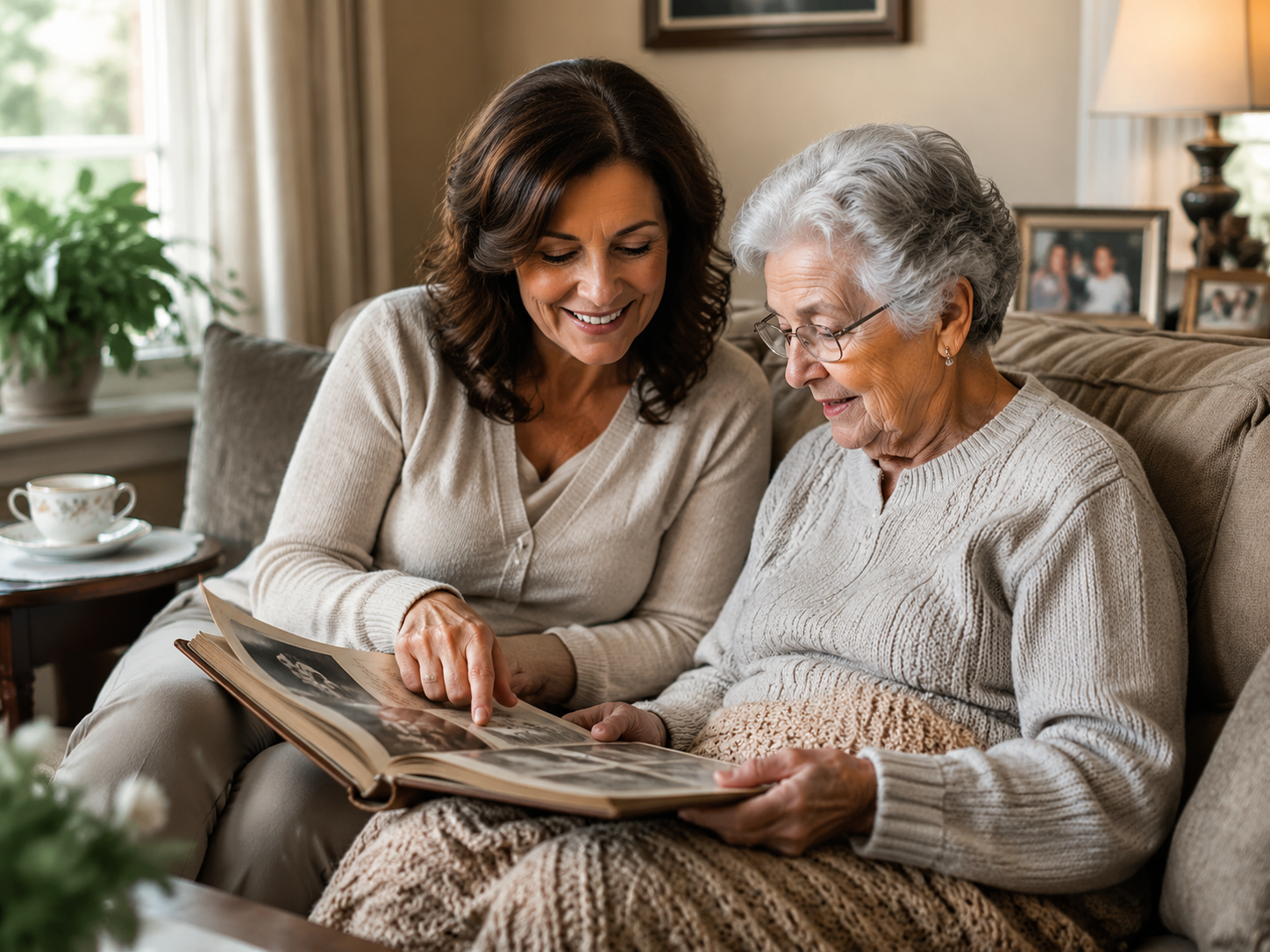 A middle-aged daughter and elderly mother sitting comfortably together while looking through a vintage photo album