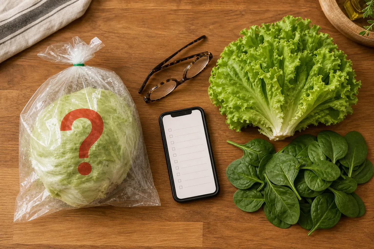 A packaged bag of uncertain iceberg lettuce beside a whole head of fresh lettuce and loose greens