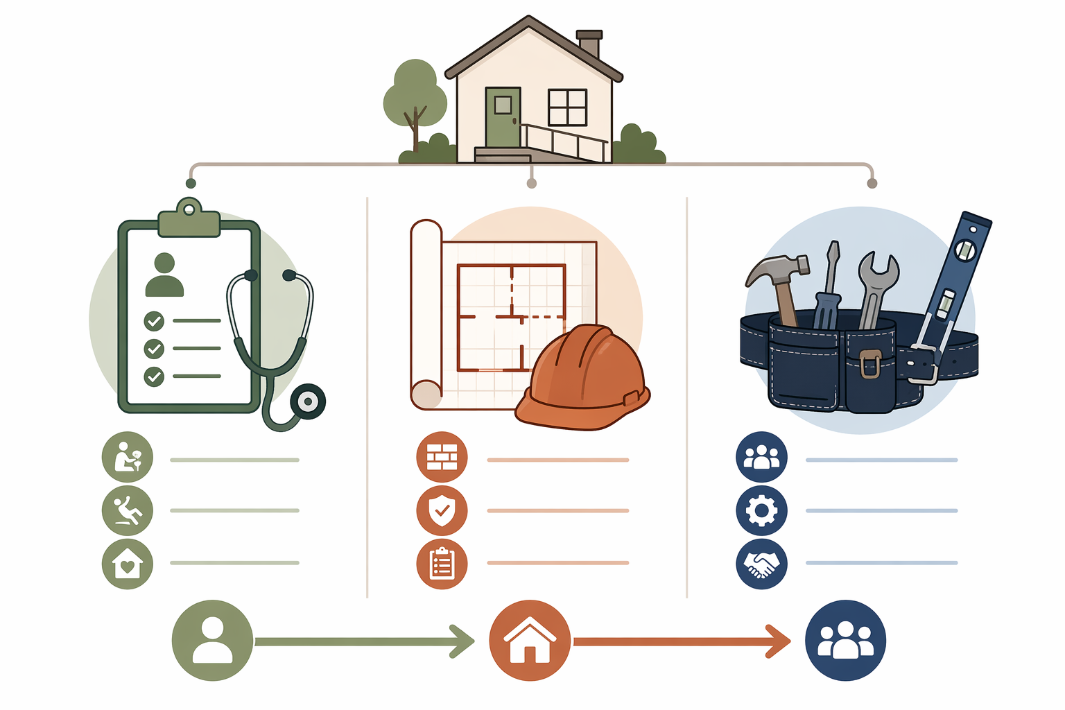 An editorial illustration with three labeled columns showing the distinct roles: occupational therapist with CAPS (clinical assessment, fall risk, person-environment fit), CAPS builder (construction, code compliance), and general contractor (standard renovation, trade coordination), with a home icon unifying the top and a collaborative arrow at the bottom.