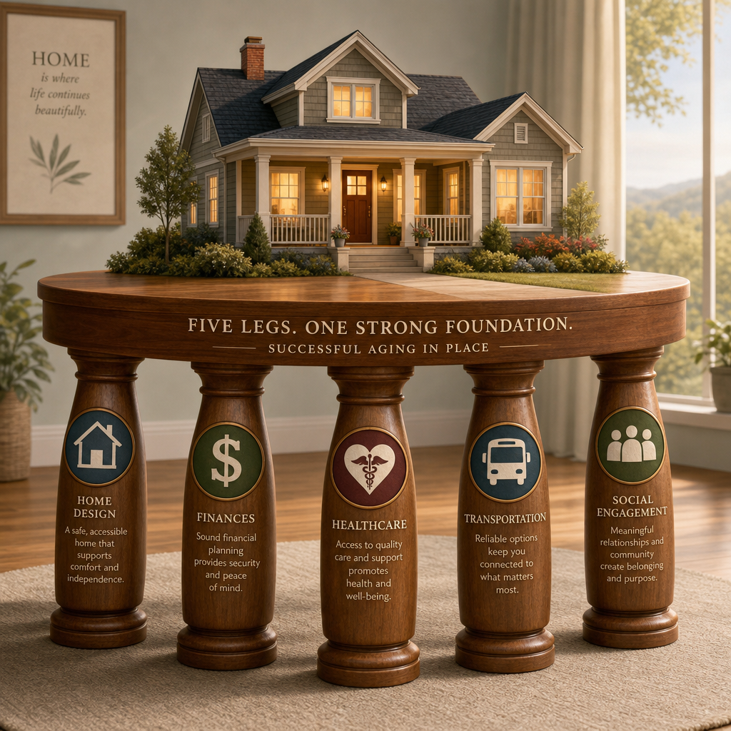 A clean editorial illustration of a wooden table with five distinct legs, each labeled with an icon: house (home design), dollar sign (finances), heart (healthcare), bus (transportation), and group of people (social engagement). A glowing stable home rests on top of the table, representing the five-legged table framework for aging in place.