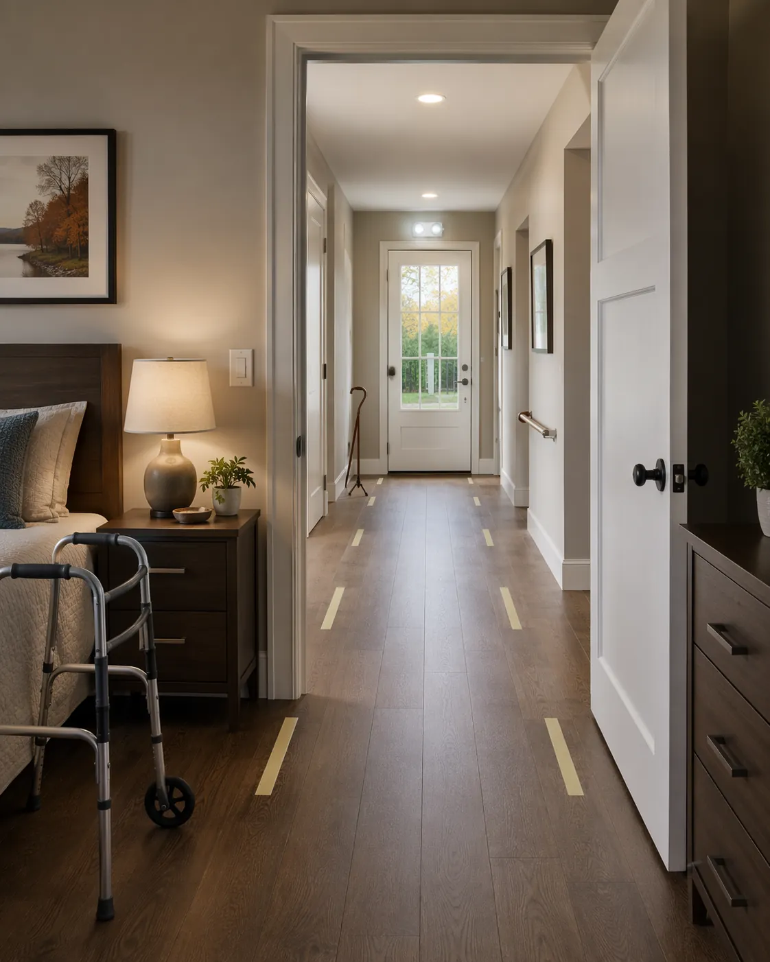 A bedroom-to-exit evacuation route with a walker by the bed, a cane near the hallway, clear floors, route-width markers, and emergency lighting near the exit.