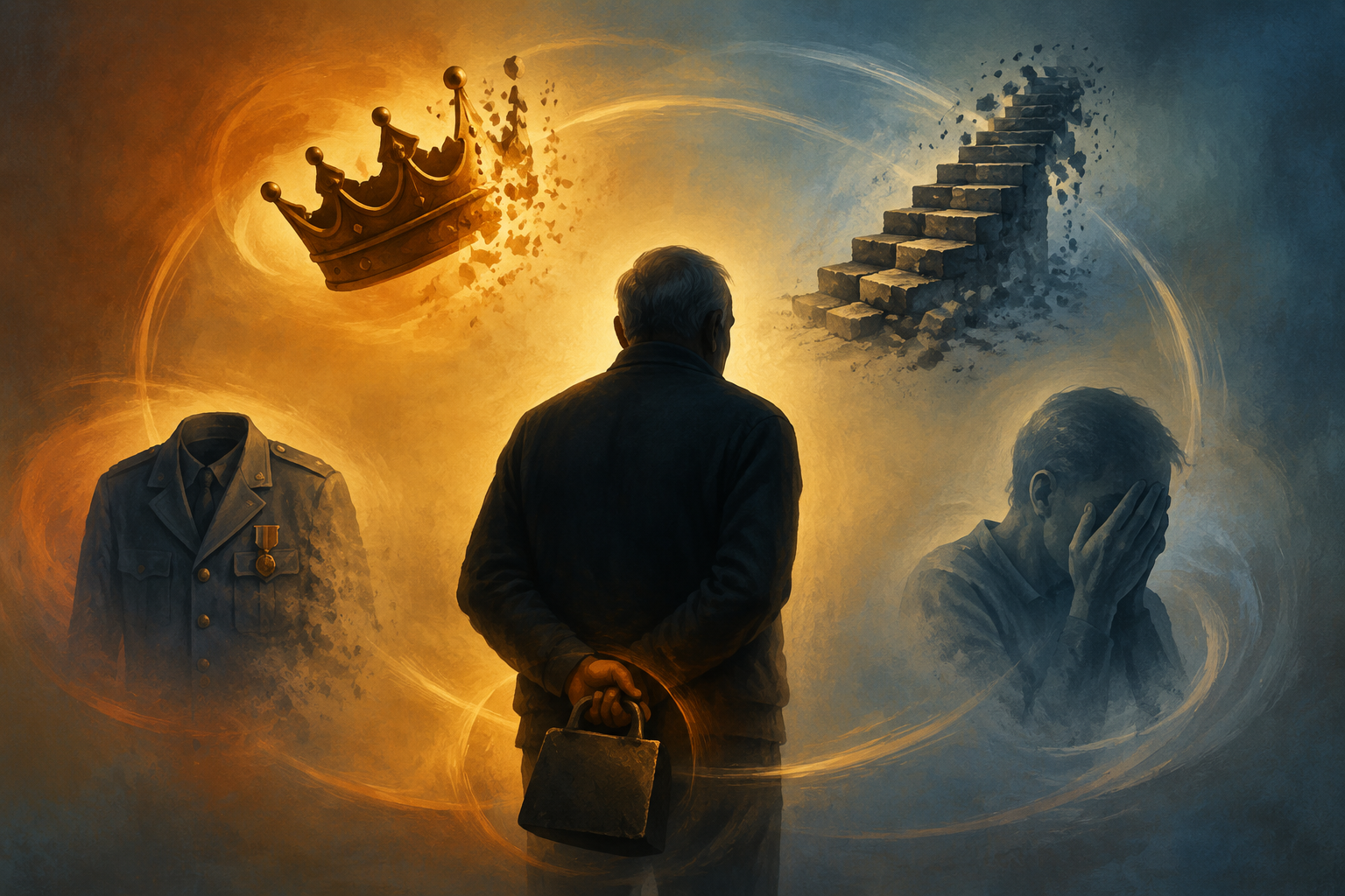 An older figure surrounded by symbols of pride, denial, independence, role identity, and hidden burden