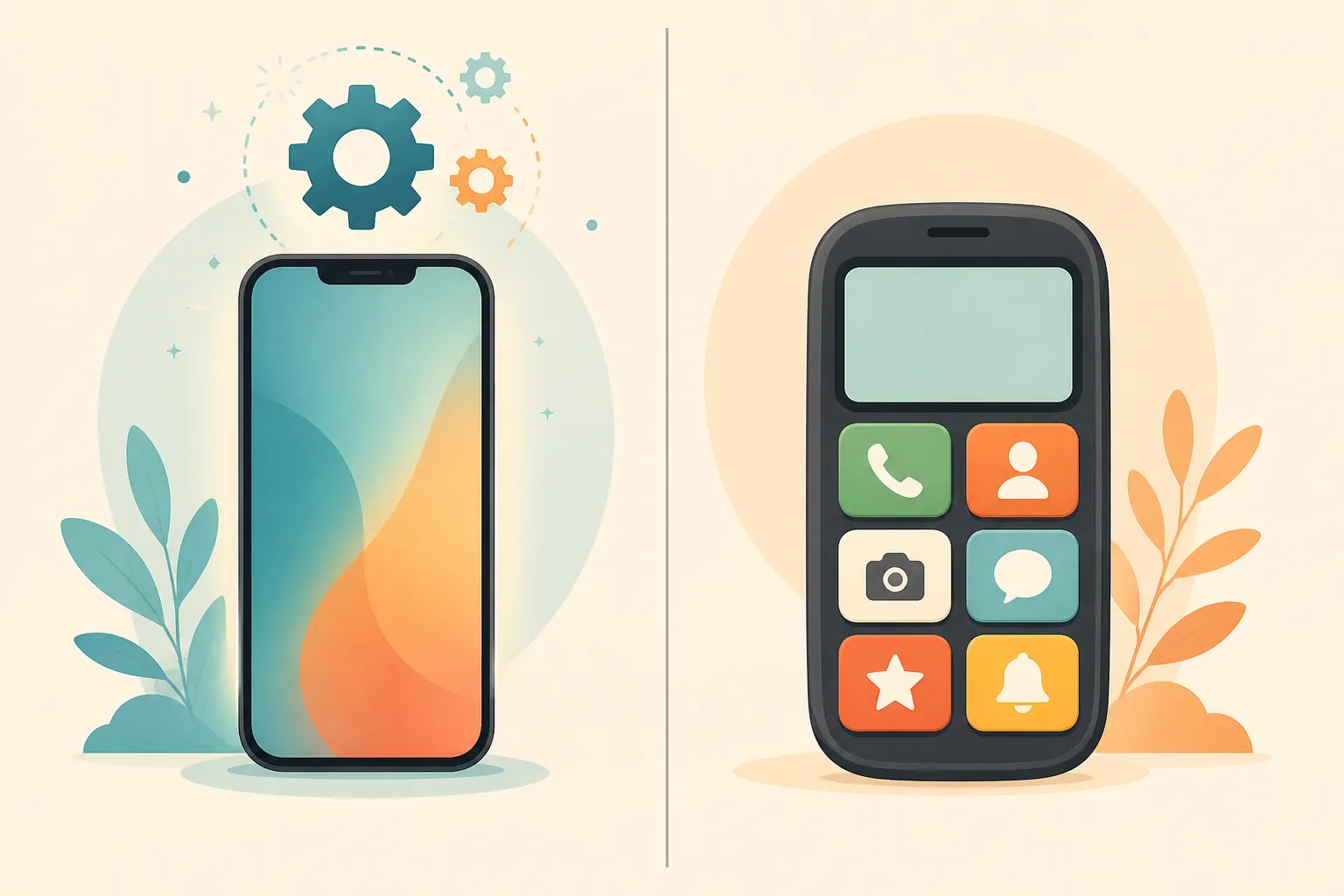 A full-featured smartphone with settings contrasted with a simplified large-button phone