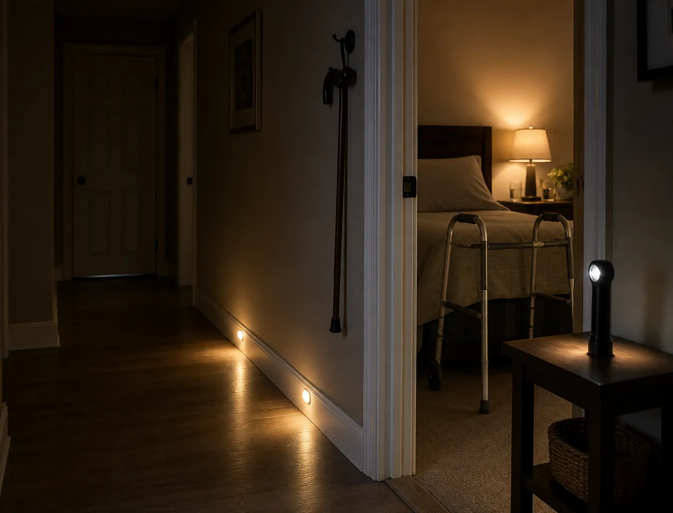 Senior bedroom doorway and hallway prepared with nightlight, flashlight, cane, and walker within reach