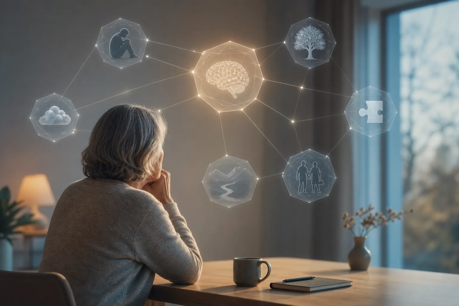 A contemplative person seated near six connected glowing nodes, with one central node brighter than the others