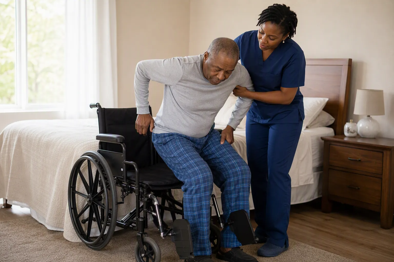 Older adult pushing up from a wheelchair armrest to transfer to a bed while a caregiver stands nearby and footplates are flipped up