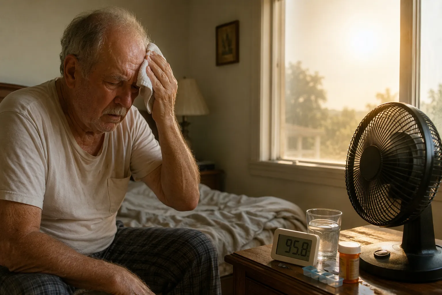 Bedroom during a heat wave with fan, bedside water, medication bottle, and thermometer reading above 95 degrees