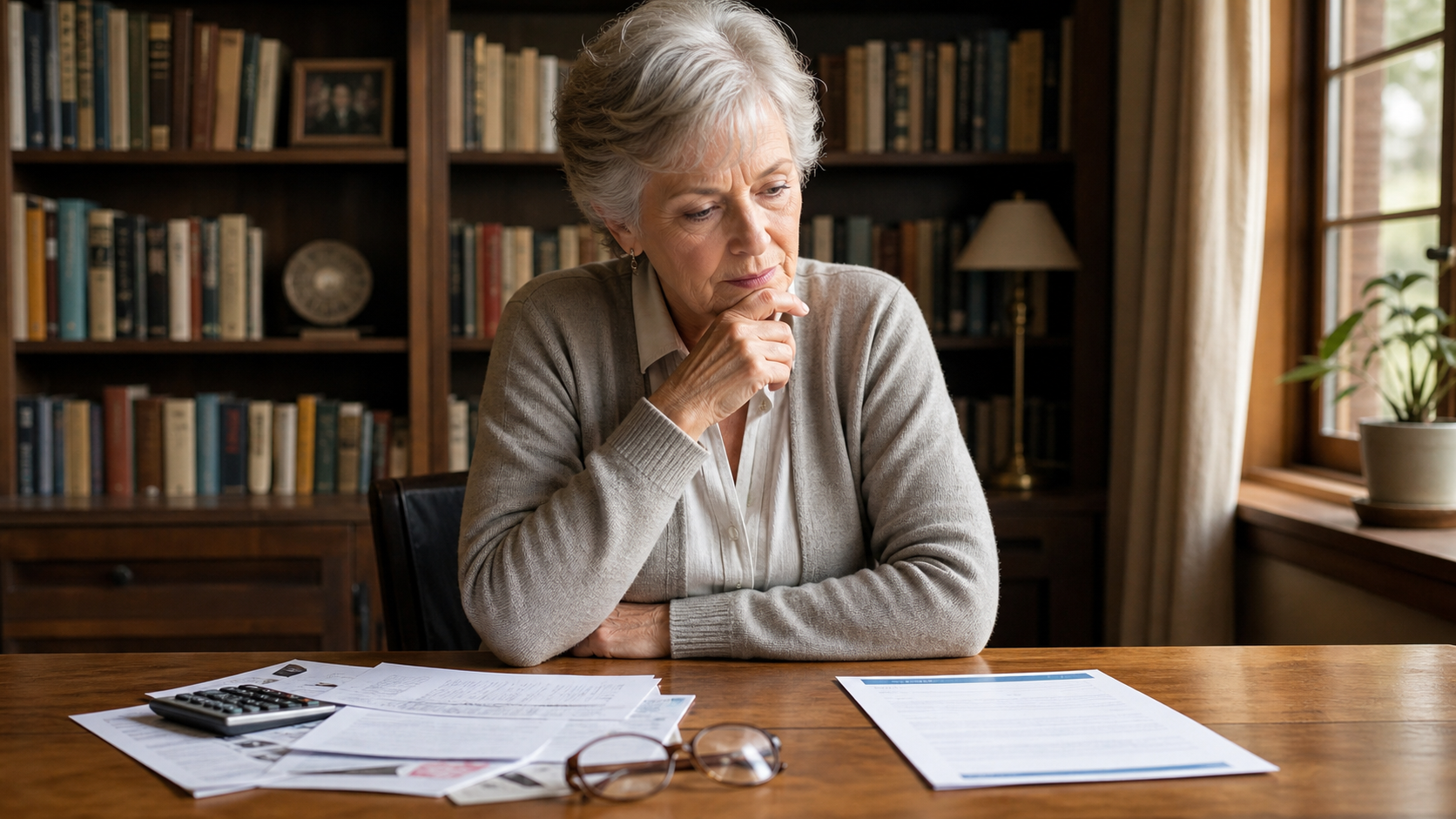 Older woman at a library table comparing Medicare papers with a calculator and a clean document