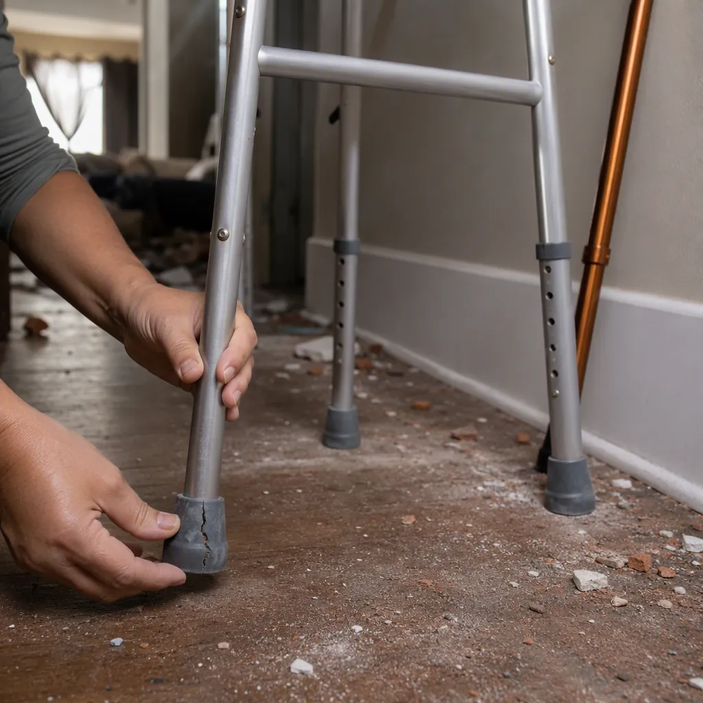 Caregiver inspecting cracked rubber tips on a walker after an earthquake with debris on the floor and a backup cane nearby