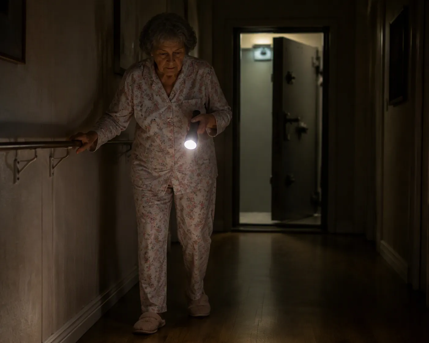 Elderly woman using a flashlight and wall-mounted grab bar while moving down a clear hallway toward a storm shelter during a power outage