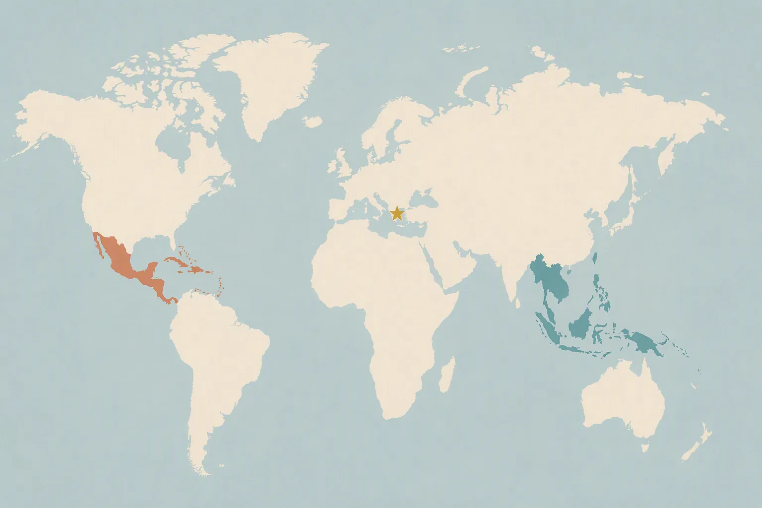 World map highlighting Central America, Southeast Asia, and southern Europe as retirement-abroad regions