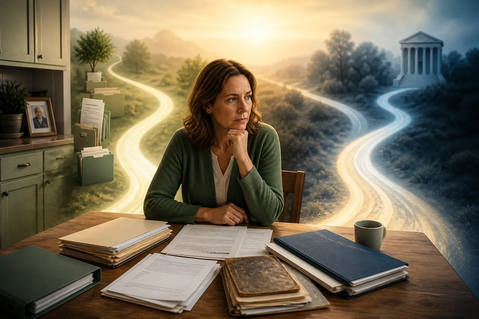 Adult daughter at a kitchen table with bank statements, discharge papers, legal documents, and two possible paths ahead