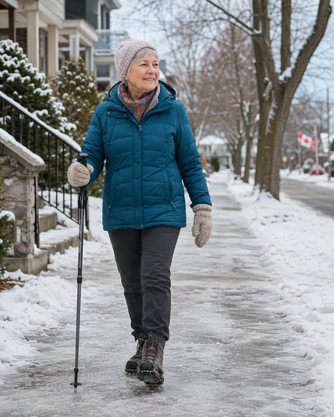 Older adult walking steadily on an icy Canadian sidewalk with ice grippers and a trekking pole