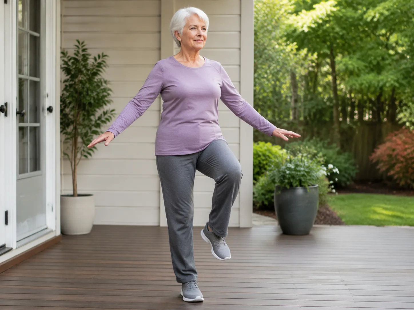 Senior woman practicing a single-leg balance exercise at home