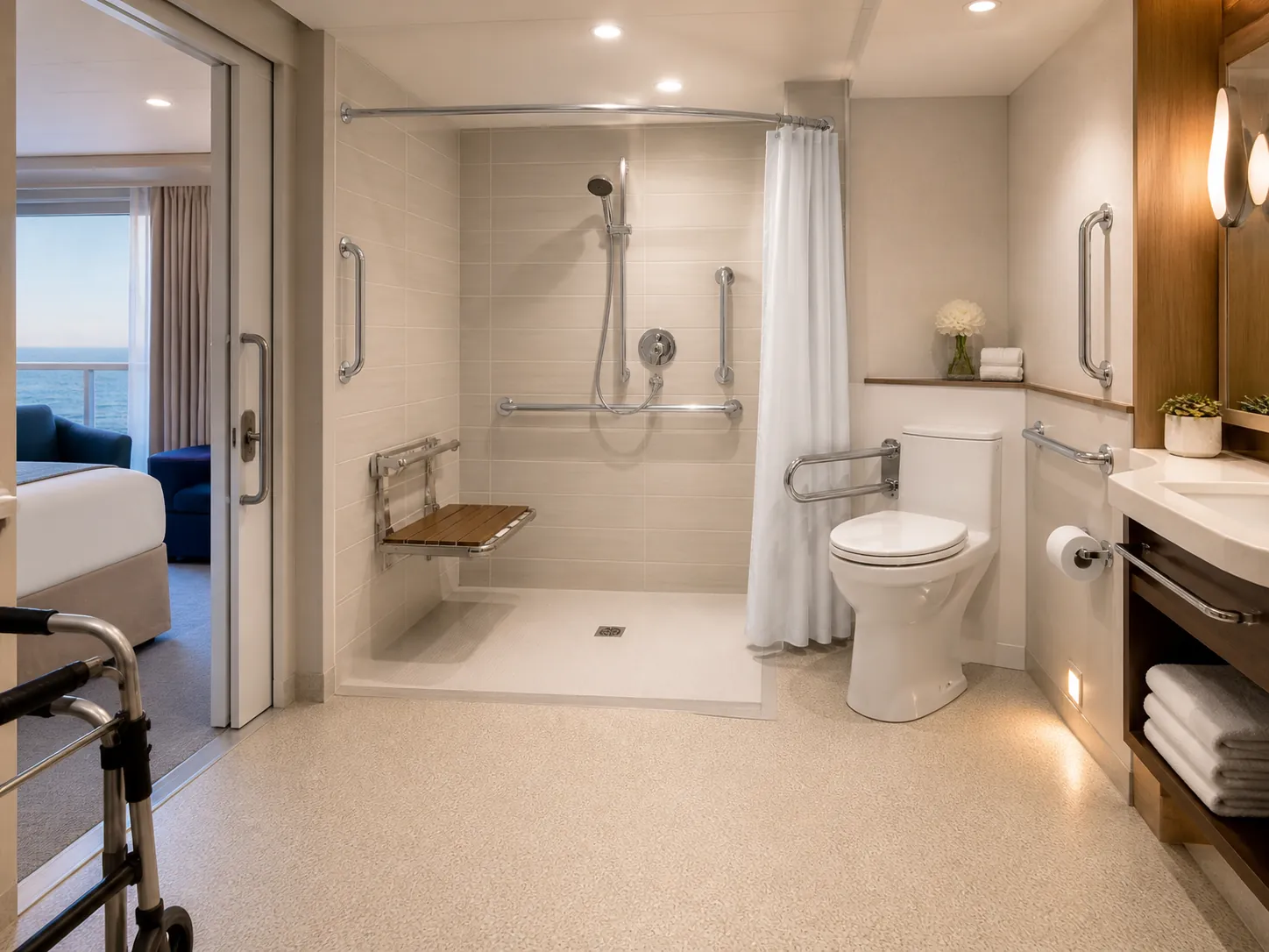 Accessible cruise cabin bathroom with roll-in shower, fold-down bench, grab bars, raised toilet, night light, and wide doorway