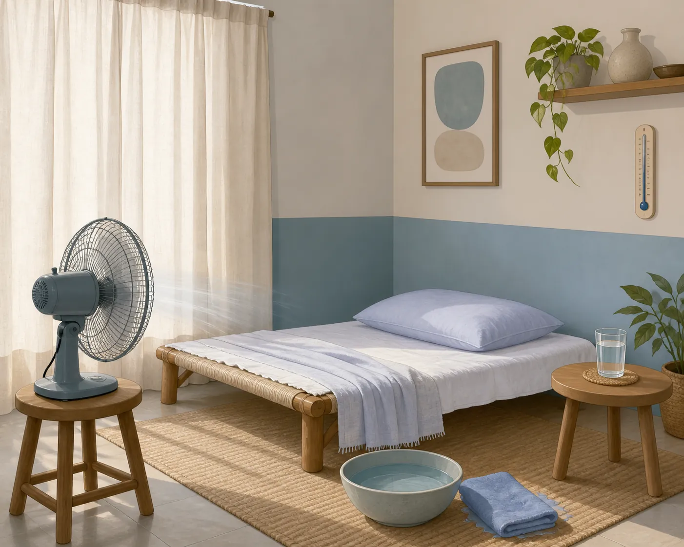 Illustration of a cool bedroom corner with a low cot, light sheets, fan, damp cloth, water, and closed curtains