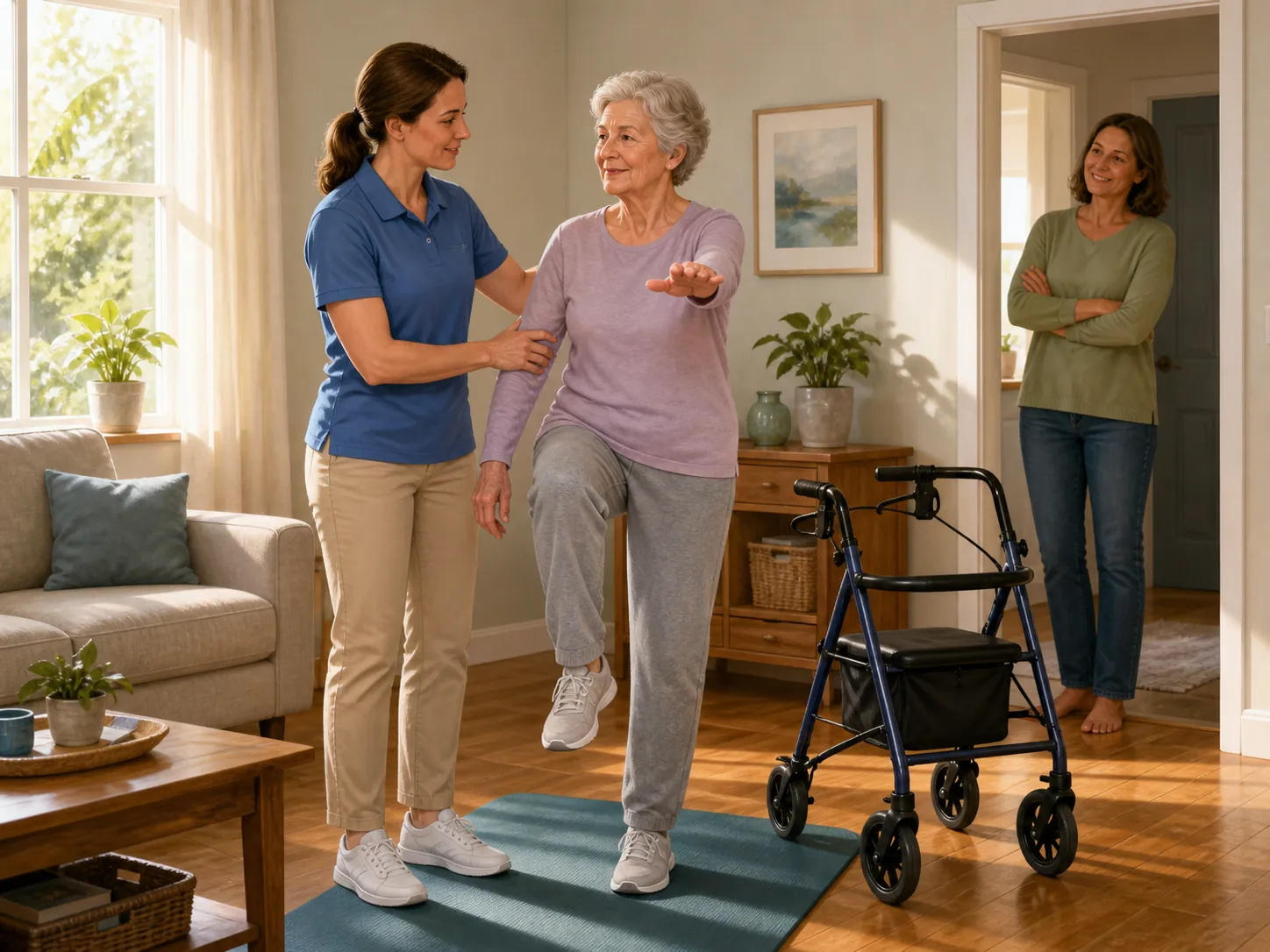 Older adult practicing balance exercises at home with a physical therapist and family caregiver nearby