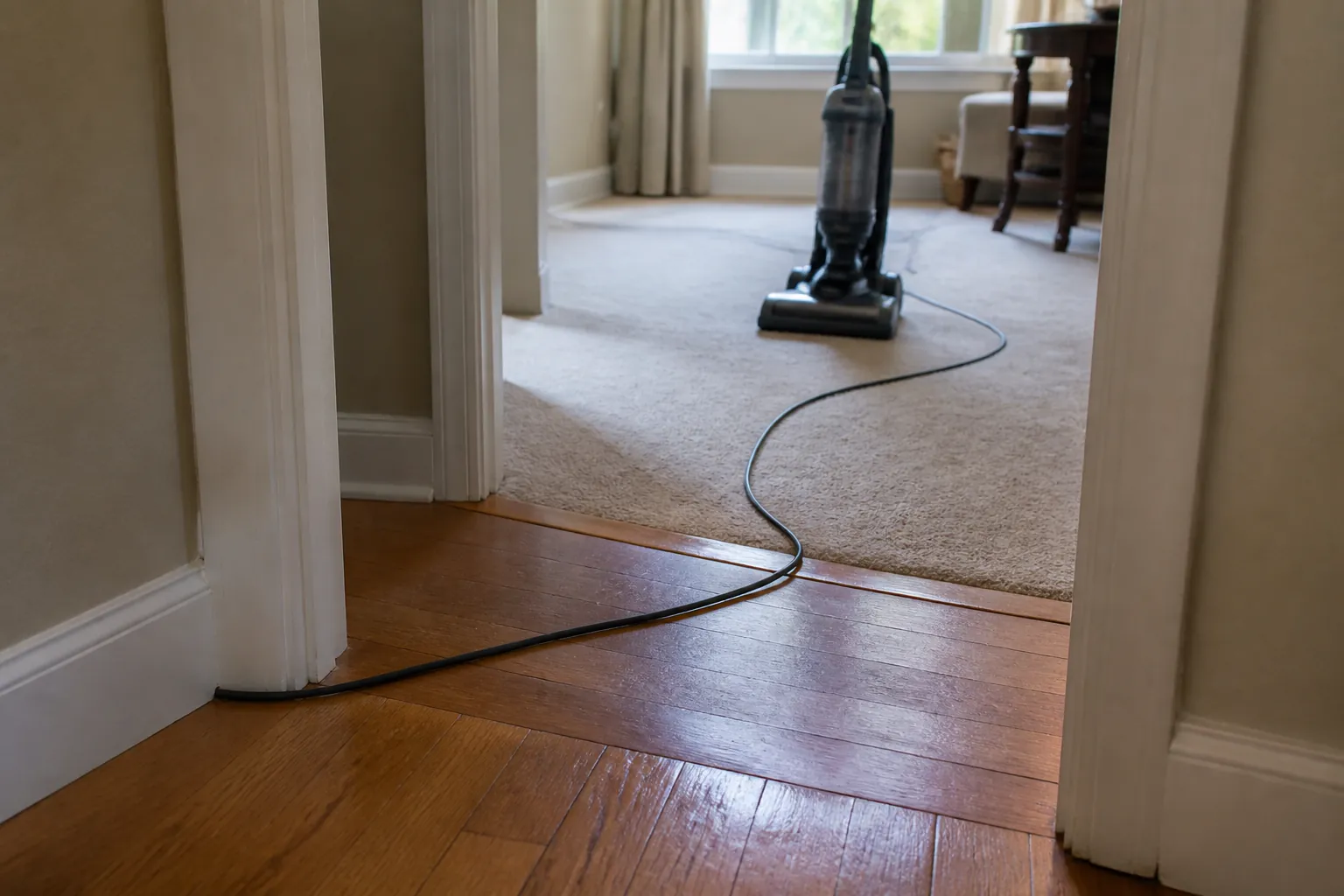 A vacuum power cord lying across a wooden doorway threshold with a corded upright vacuum nearby