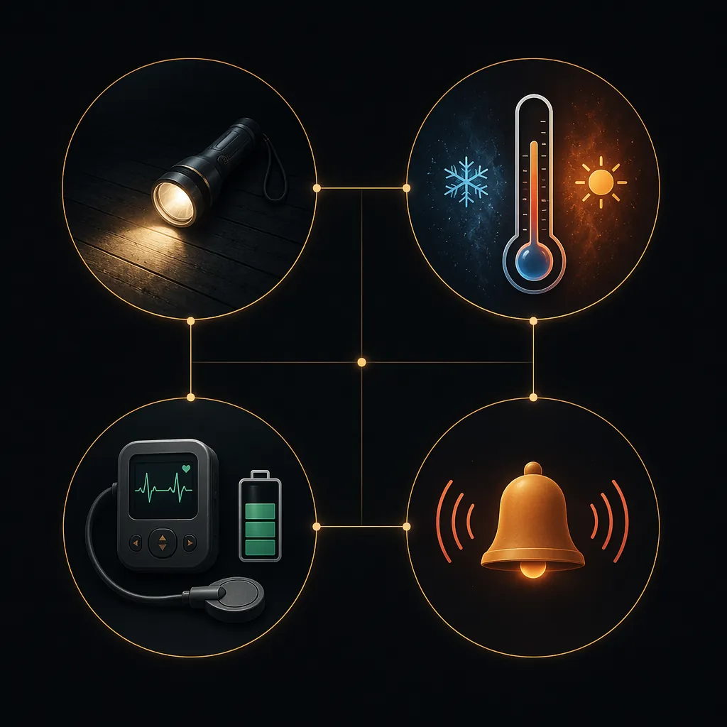 Quadrant diagram showing darkness and falls, temperature extremes, medical device dependency, and communication failure during a power outage