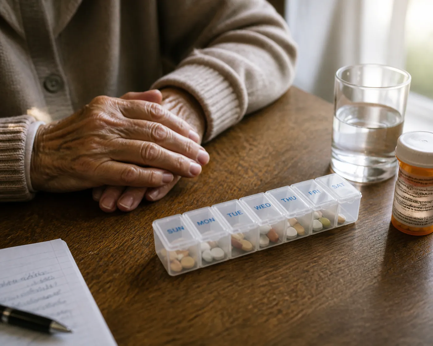 Older adult medication organizer, prescription bottle, and glass of water on a wooden table
