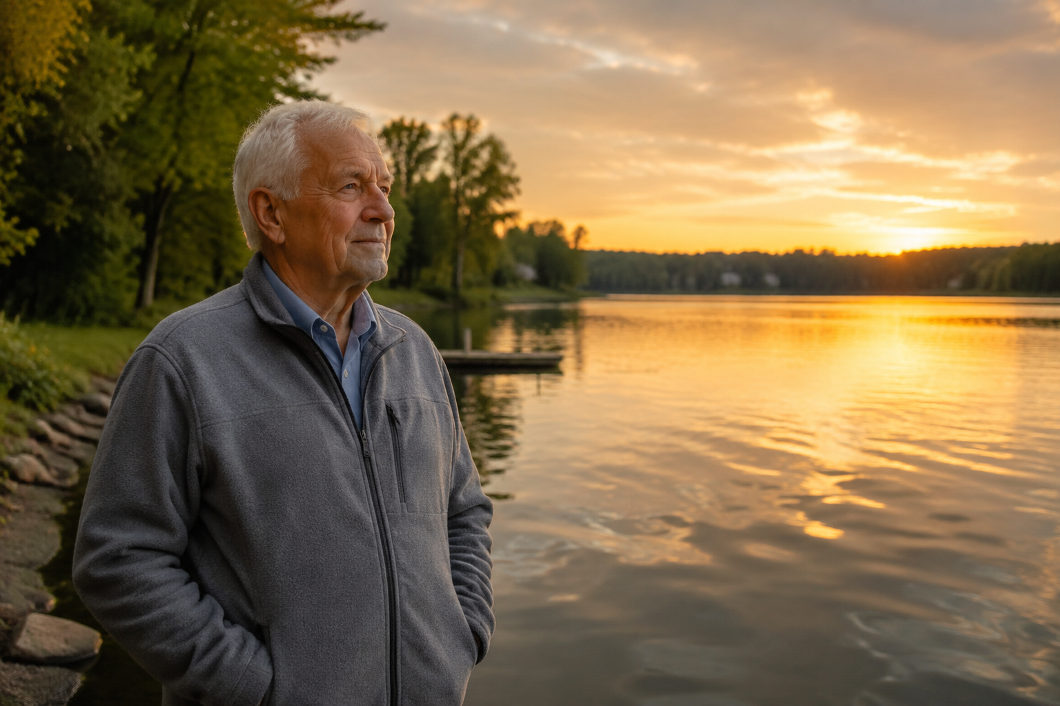 Older adult standing calmly at the edge of a lake at golden hour