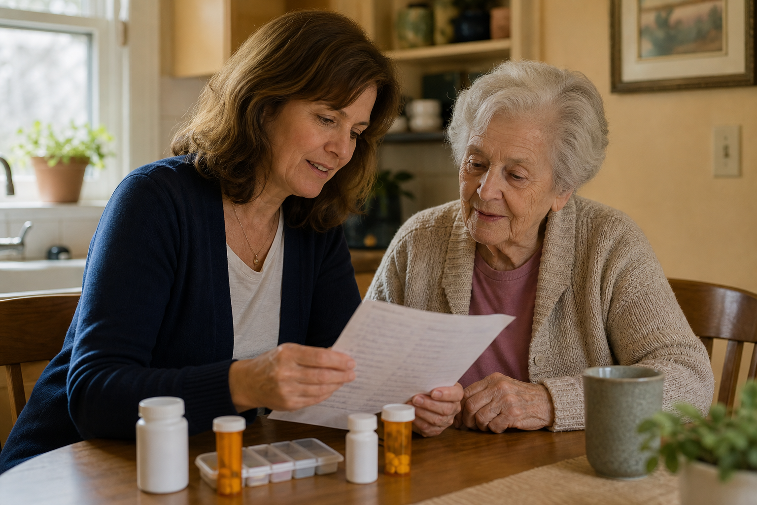 An adult woman in her 40s or 50s sits beside an elderly parent at a kitchen table, reviewing a handwritten medication list together, with pill bottles on the table between them.