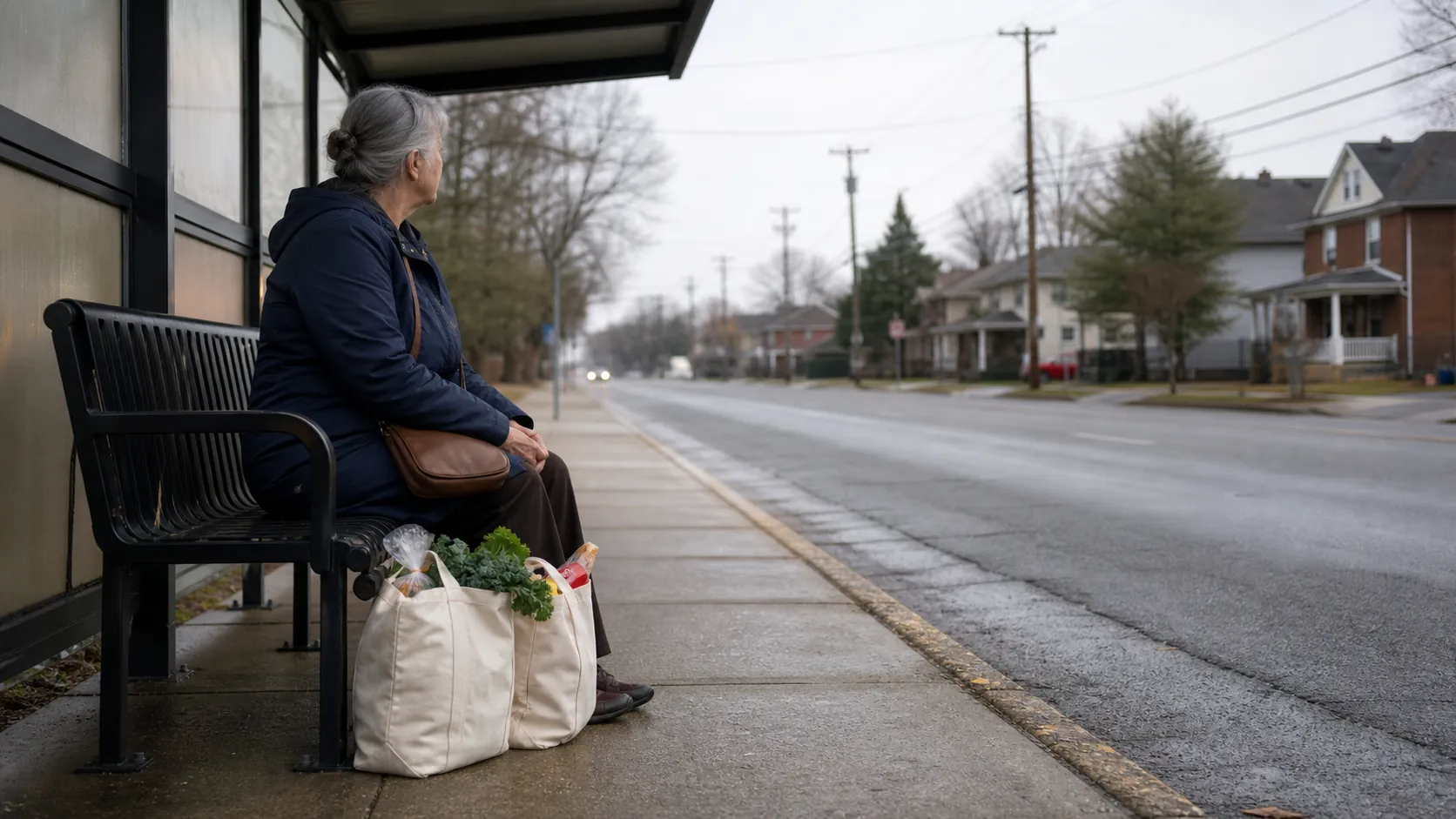 Older woman waiting at a suburban bus stop with full grocery bags