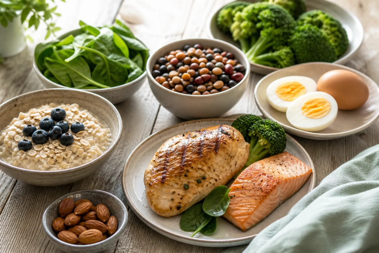 Table spread with chicken, salmon, eggs, lentils, beans, greens, almonds, and oatmeal for non-mammalian protein, iron, and B12 planning