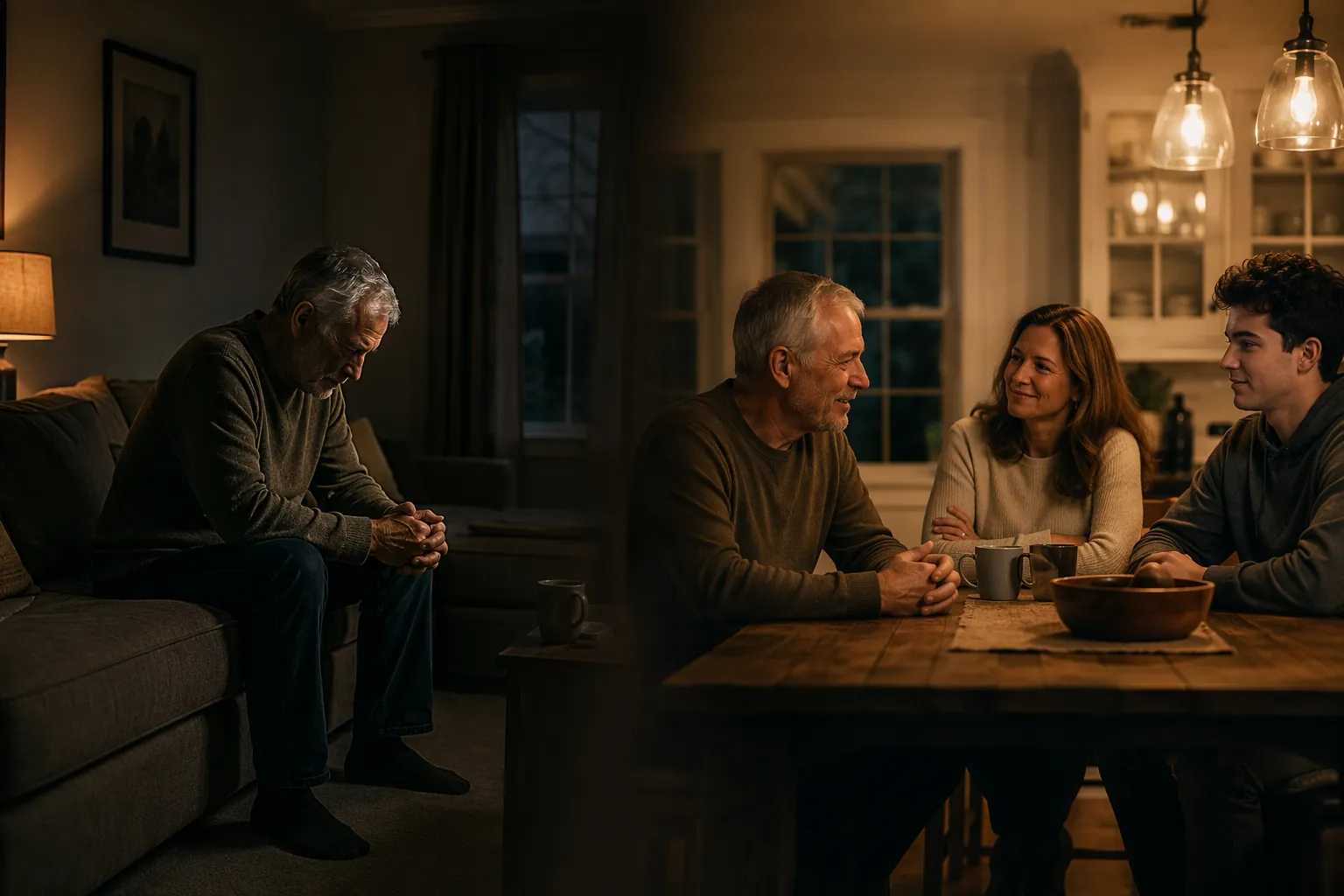 An older athletic man is shown alone in a dim room and then seated with family in a warmer, more connected setting.