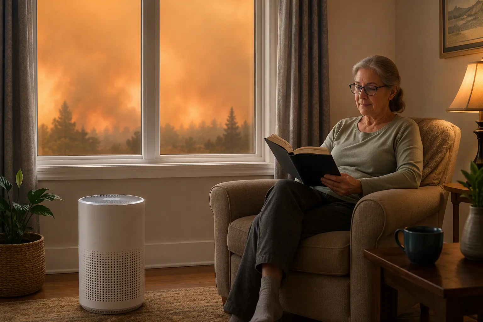 Older adult reading indoors beside an air purifier while smoky air is visible outside the closed window